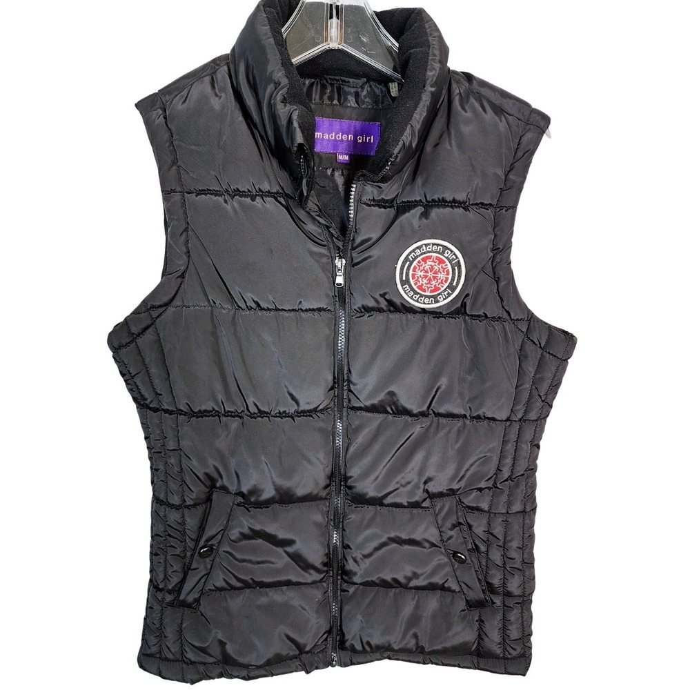 Madden Girl Vest Women M Black Puffer Vest Quilted Fleece Lined Zip Up School